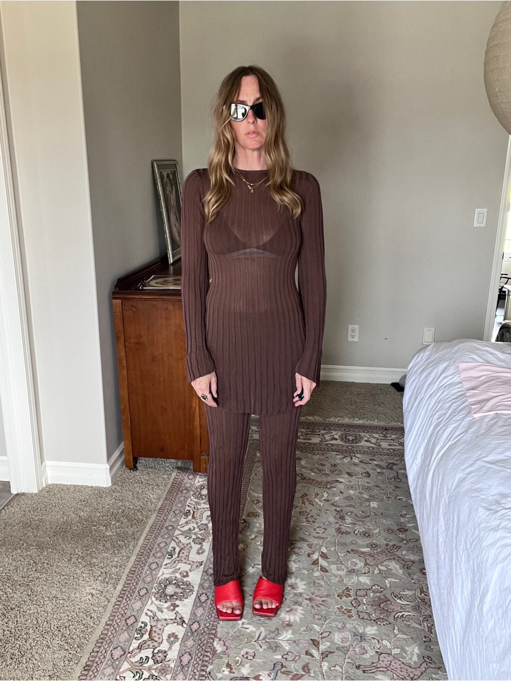 SIR. Chocolate Brown Ribbed Sheer Knit Matching Set Size 1